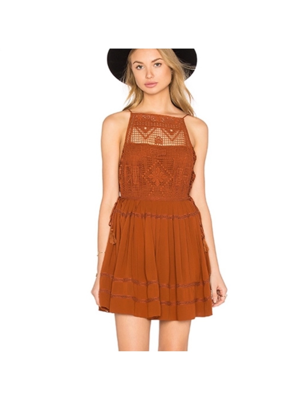 New Free People Emily Crochet copper brown Dress Size XS Boho
